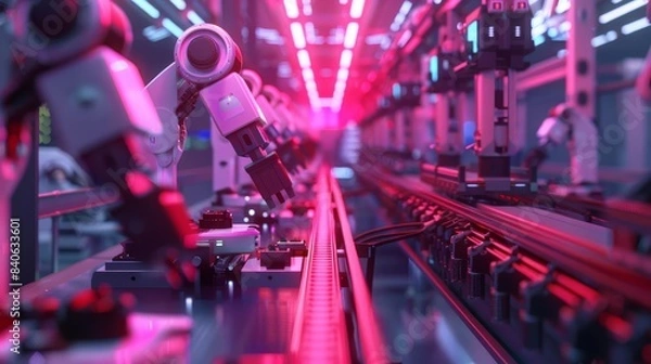 Obraz Industrial robots working on a high-tech assembly line, supervised by holographic interfaces