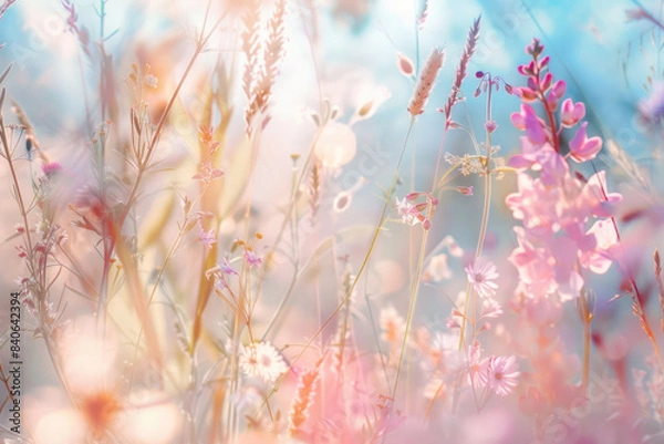 Fototapeta Beautiful idyllic flower meadow with different blooming flowers and grass close up