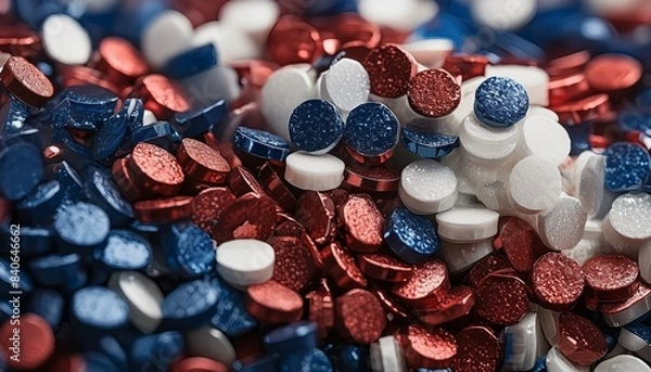 Fototapeta Abstract patriotic red white and blue glitter sparkle background for voting, memorial, labor day and election, Ai Generate 
