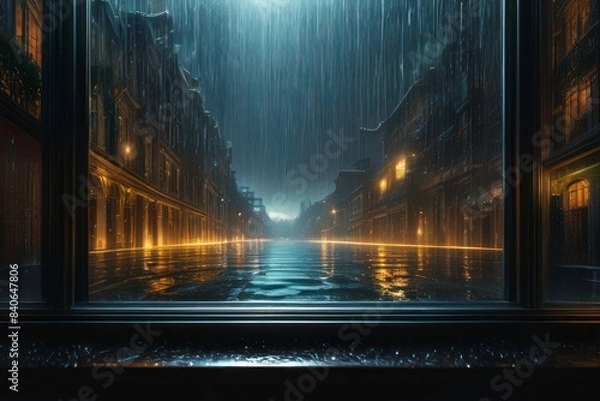 Fototapeta The abstract background evokes the serene atmosphere of a night in the city under the rain, with the shimmering lights reflecting off the rain-streaked window, offering a glimpse into the urban landsc