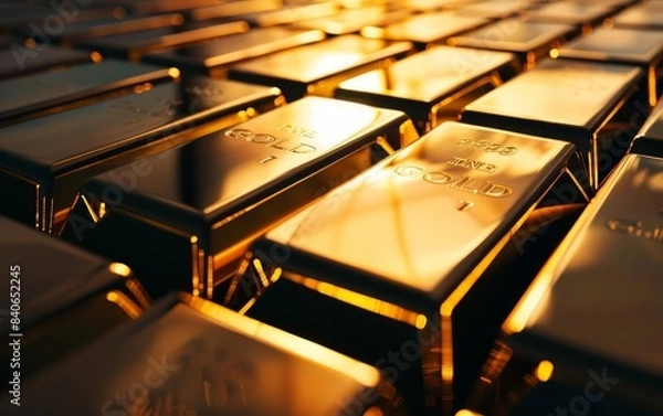 Fototapeta Shiny gold bars stacked neatly, representing wealth and financial security, conveying a sense of prosperity