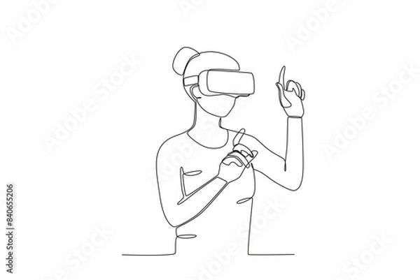 Fototapeta Continuous one line drawing of Woman using virtual reality headset. Modern continuous line draw design graphic vector illustration
