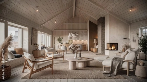 Fototapeta stunning 3D render of the interior of a beautiful modern house situated in a mountain forest at dawn.
