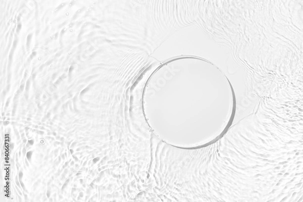 Fototapeta Cosmetic product presentation mockup scene made with empty circle glass podium on water surface with splashes. Perfect for emphasizing freshness and natural purity in product placement.