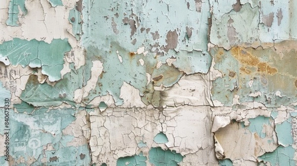 Fototapeta The peeling wallpaper looks like a weathered map with intricate lines and faded colors resembling ancient continents and seas