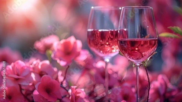 Fototapeta Celebratory Ambiance: Party Background Featuring Pink Drink or Rose Wine in Glasses