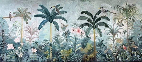 Fototapeta Illustration of tropical wallpaper print design with palm leaves, monstera leaves, birds and texture. Exotic plants and birds on textured background. AI generated illustration