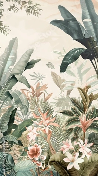 Fototapeta Illustration of tropical wallpaper print design with palm banana leaves and birds on canvas texture. Tropical plants and birds on textured background. AI generated illustration