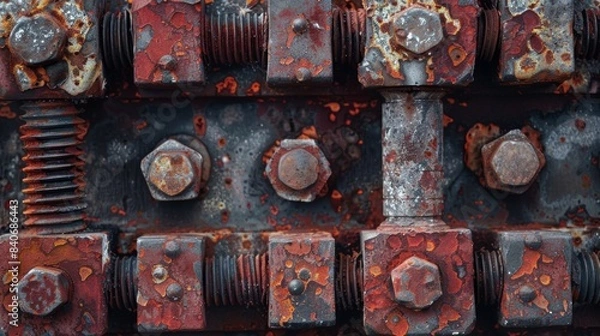 Fototapeta A closeup of a of rusted bolts with dark brown and red patches covering the metal