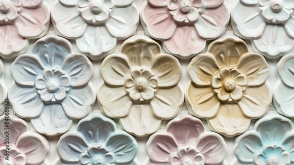 Fototapeta Floral Medallions Delicate flowershaped tiles in soft pastel colors arranged in circular medallions for a whimsical and elegant look