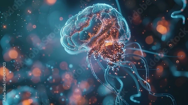 Fototapeta Digital Brain with Neural Connections and Abstract Glowing Network