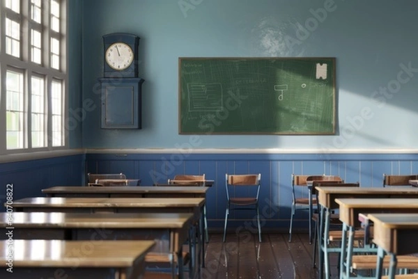 Fototapeta Retro classroom with wooden desks, chairs, and a green chalkboard