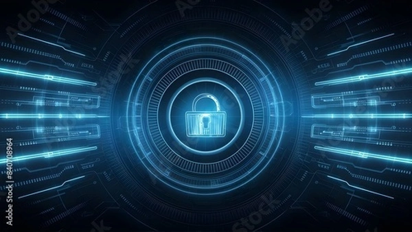 Fototapeta A blue technology background with a lock symbol in a round center, computer technology background, technology abstract background