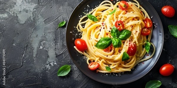 Fototapeta a plate of spaghetti with tomatoes and basil on a black plate on a gray surface