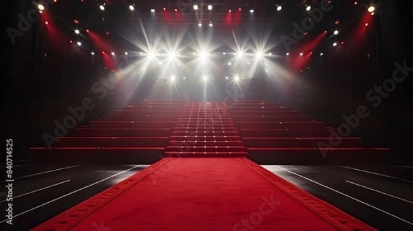 Fototapeta Red carpet on a grand stage,by a dramatic spotlight background