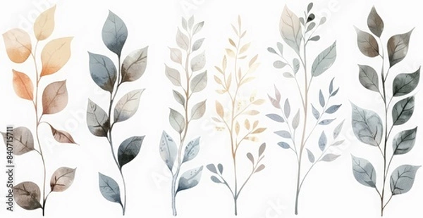 Fototapeta Set of hand drawn watercolor vector illustrations of leaves and flowers clip art, with a pastel color palette on a white background 