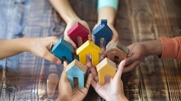 Fototapeta a group of hands holding a small colorful house model