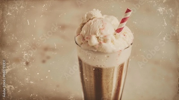 Fototapeta Boston Cooler, a vintage-style photograph. A tall glass filled with creamy vanilla ice cream, creating a foamy head. A red and white striped straw rests on the rim of the glass