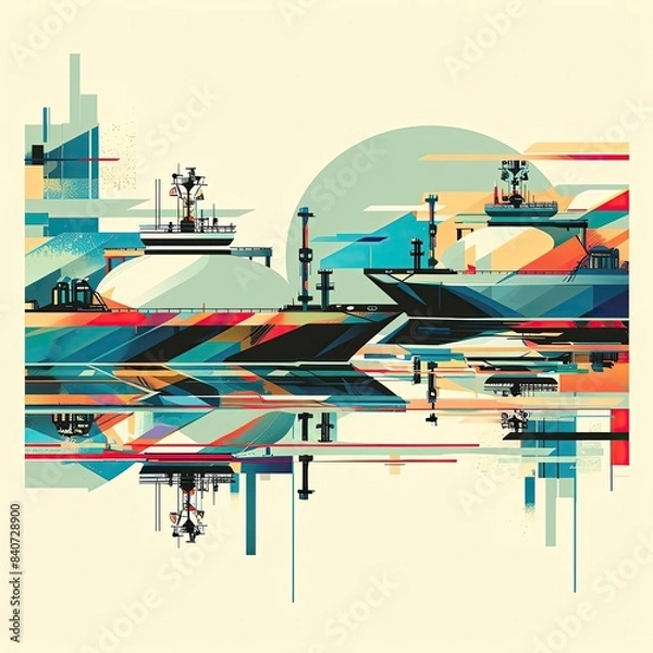 Fototapeta Oil tanker and gas tanker passing each other, retro-futuristic, pastel colors, geometric shapes, clean lines, pop art style