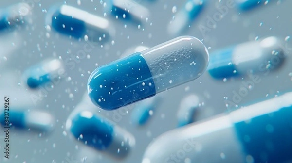 Obraz Close-Up of Blue and White Capsule Pills on Minimalist White Background Emphasizing Healthcare, Medicine, and Pharmaceutical Concepts