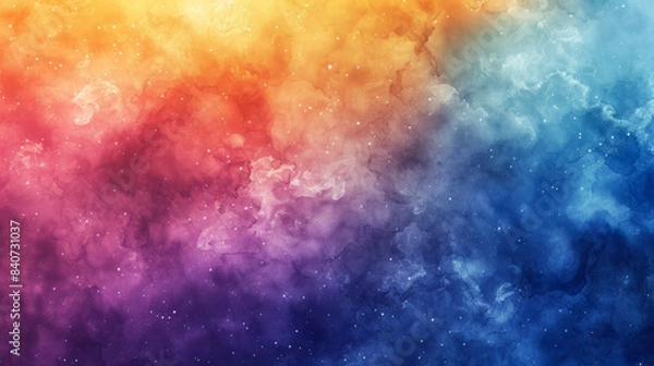 Fototapeta Vibrant watercolor space with gradients of indigo and amber, twinkling stars, abstract nebula forms, isolated on a gradient background, ample space for text 