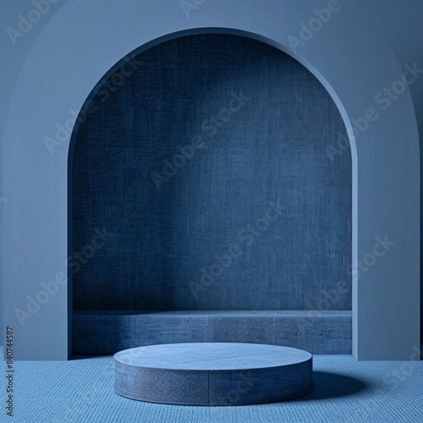 Fototapeta A minimalist product shot featuring a podium at the center of the image, set against a denim textured background for a casual and trendy style.