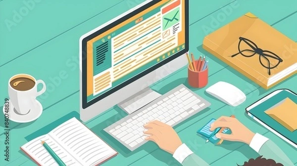 Fototapeta E-Learning Session:Computer Workstation with Digital Classroom