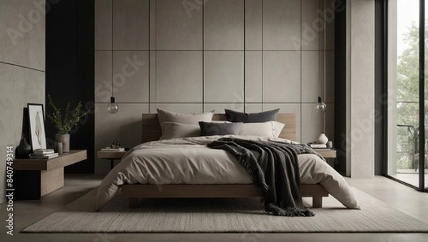 Fototapeta Generate a modern bedroom with clean lines, minimalist decor, and a neutral color palette
