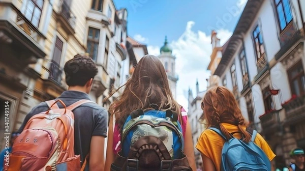 Fototapeta Students Exploring Foreign Culture and Attending Classes Abroad During Study Program