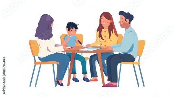 Fototapeta Family Discussion on Child's Academic Progress at School Parent-Teacher Meeting