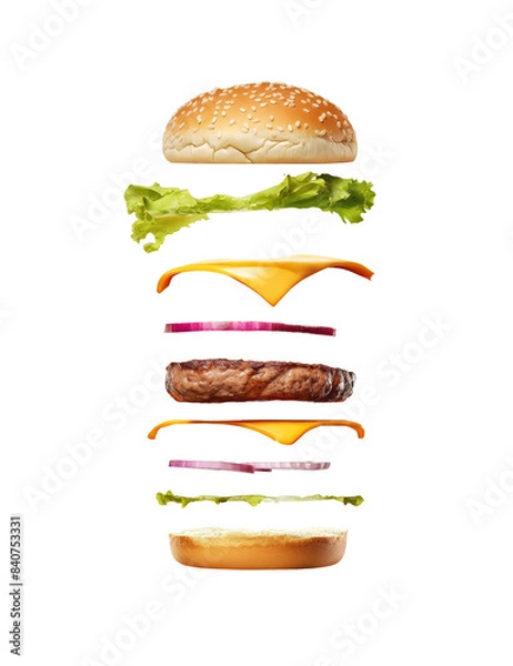 Obraz Floating deconstructed cheeseburger ingredients isolated on white background. 