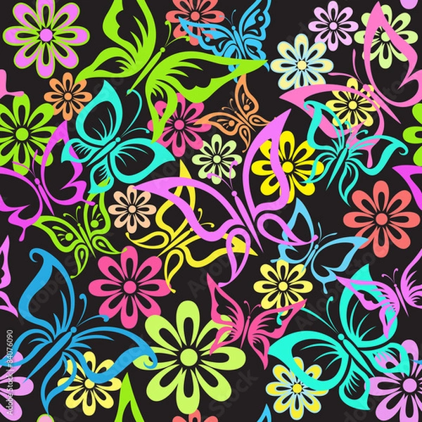 Obraz Seamless colorful pattern with butterflies and flowers.