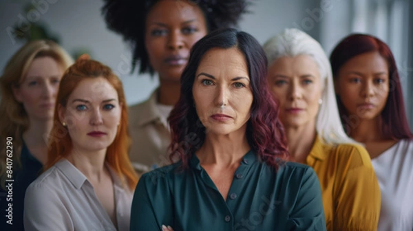 Fototapeta A group of women stands determinedly, reflecting unity and empowerment in a bright, professional setting, reinforcing the strength of diversity and solidarity.