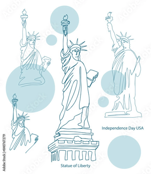 Fototapeta Hand drawn continuous one line drawing of statue of liberty on a white background. Linear stylized. American symbol of Independence day. 