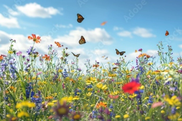 Fototapeta Vibrant Wildflower Field with Diverse Blooms and Butterflies Under Clear Blue Sky