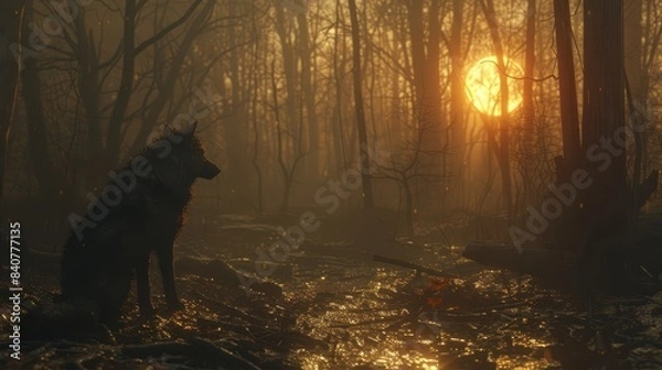 Fototapeta  A wolf stands in a forest, sun illuminating tree tops, fog swirling in the foreground