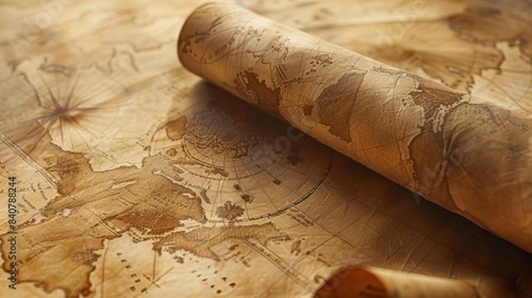 Obraz Historical Map: A yellowed historical map is rolled up in an old scroll. Worn-out details on its surface carry the traces of the past 