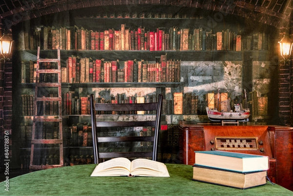 Fototapeta Old library with rustic lanterns and antique radio