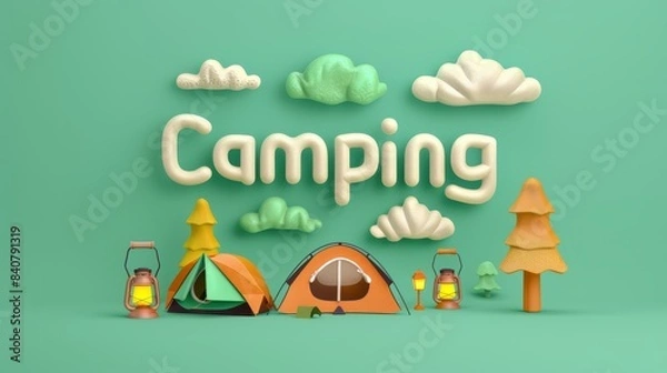Fototapeta A cartoonish drawing of a campsite with a large sign that says Camping