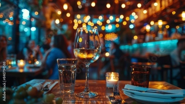 Fototapeta A Glass of Wine on a Table at a Restaurant With String Lights