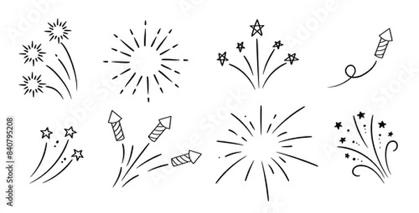 Fototapeta Hand drawn fireworks and stars collection. Doodle sketch. Linear vector explosions set.