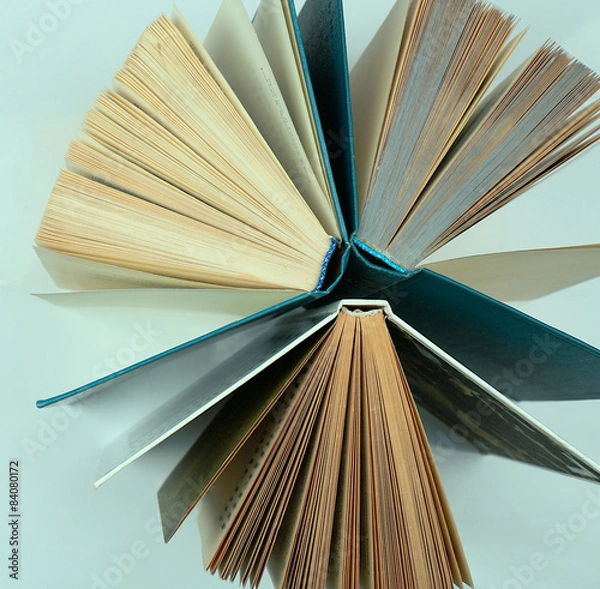 Fototapeta Group of books on light blue background, top view