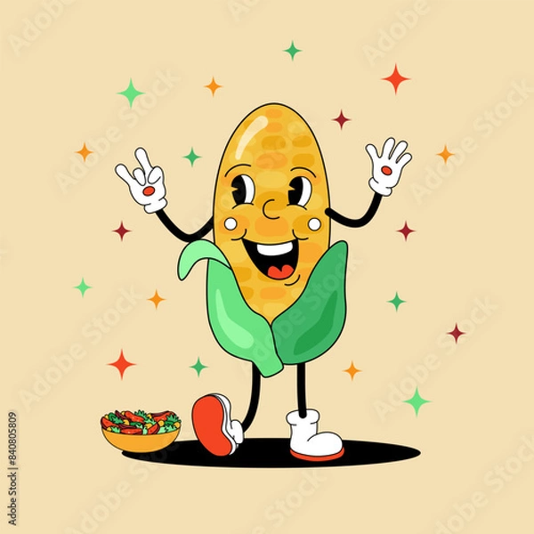 Fototapeta Comic flat Sweet Corn with face on decorated background. Vector cartoon illustration in groovy retro style with healthy salad. Vintage image of cute vegetable character with smile for poster or banner