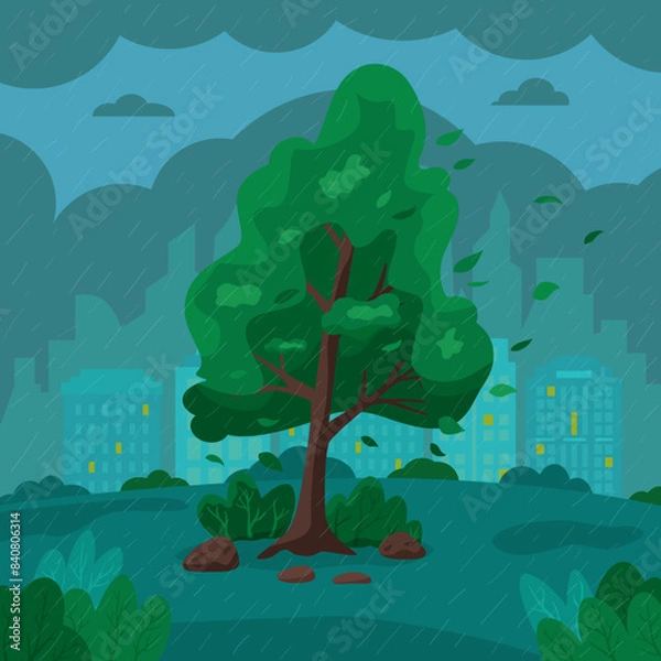 Fototapeta Flat tree concept of rainy day on city view background with houses. Hand drawn image of stormy windy cloudy wet weather. Vector cartoon illustration of showery day with tree for poster or template