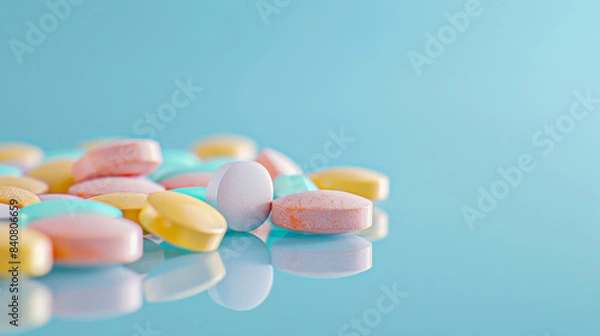 Fototapeta Assorted Pills Scattered on Blue Background