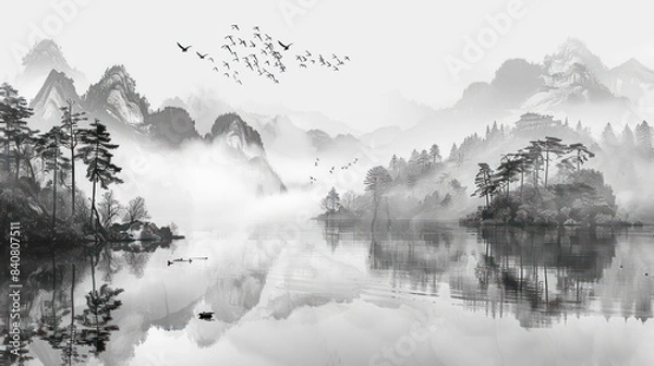 Fototapeta wallpaper vintage chinese landscape drawing of lake with birds trees and fog in black and white design for wallpaper, wall art, print, fresco, mural