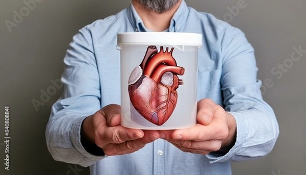 Fototapeta A man holds out an organ container with a human heart drawn on it. Promotion of organ donation