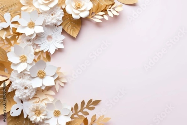 Fototapeta Paper cut flowers and leaves surround empty copy space. Mockup. Wedding and party decorations. Background for publications and presentations