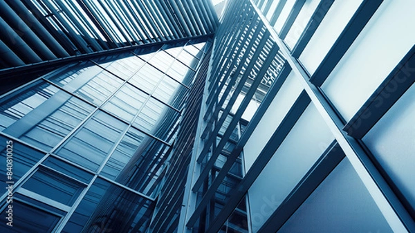 Fototapeta Close up of modern architecture in an industrial or office building with a metal wall glass door and a hi tech geometric steel structure featuring rectangles and parallel, Generative AI