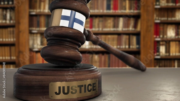 Fototapeta Finland Flag on Judge Hammer in Court with Word Justice. Justice System 3D Illustration